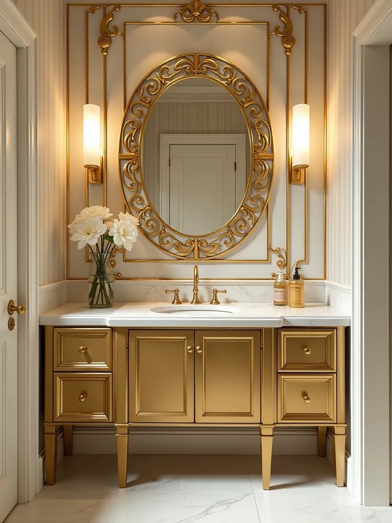 Glamorous art deco powder room with gold vanity and geometric wallpaper