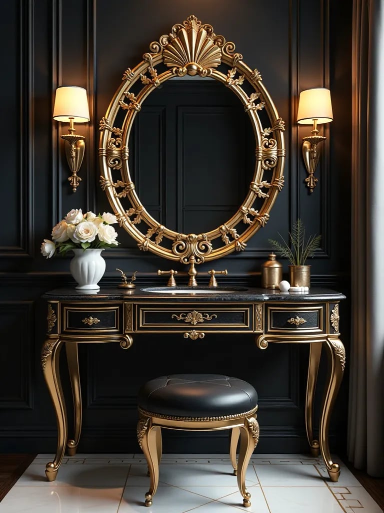 Glamorous art deco vanity with gold details and sunburst mirror