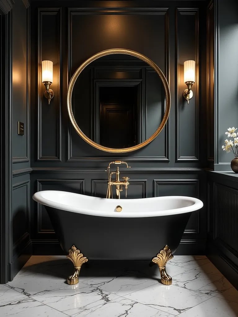 Glamorous bathroom featuring art deco elements and vintage lighting