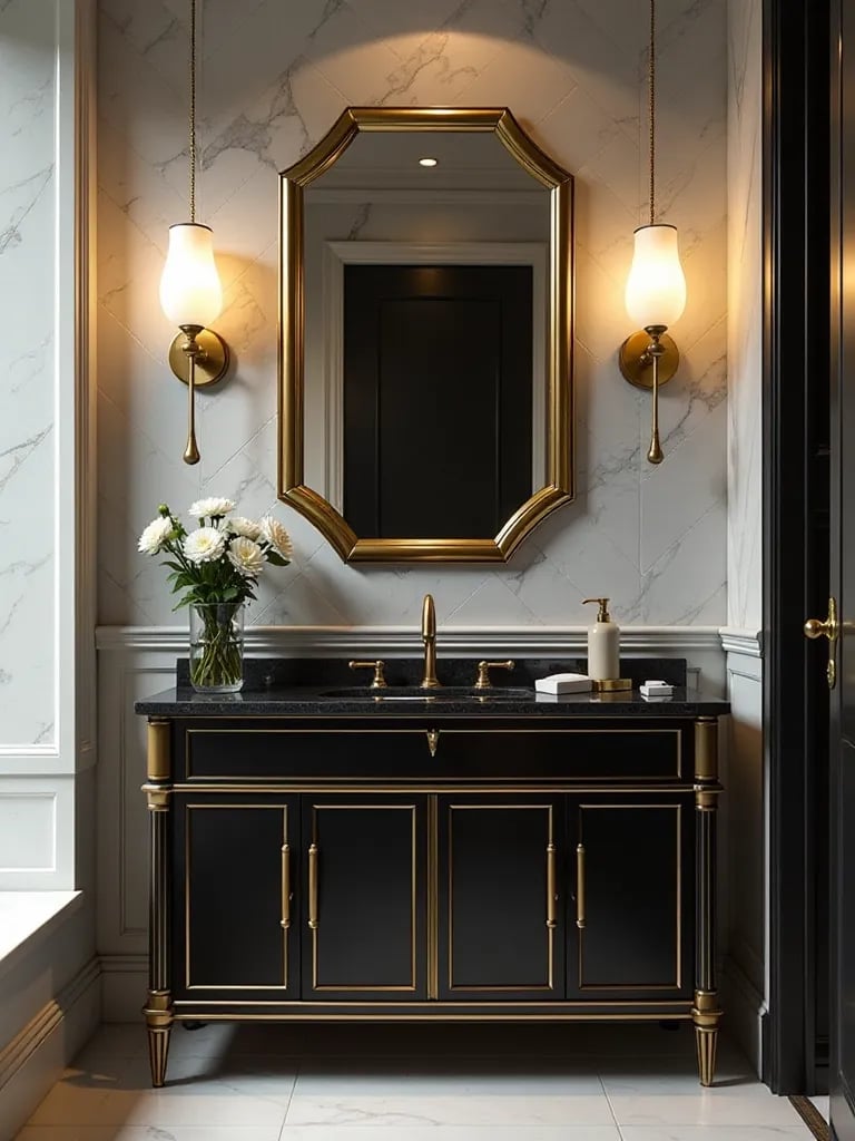 Glamorous bathroom featuring granite vanity and geometric tiles
