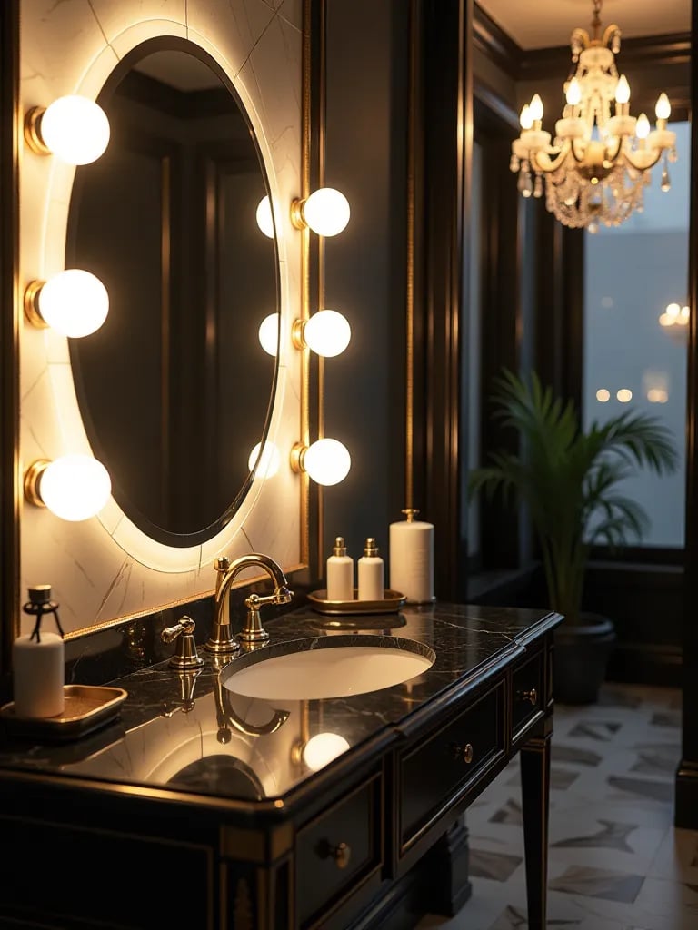 Glamorous bathroom with gold fixtures and Hollywood style vanity lights