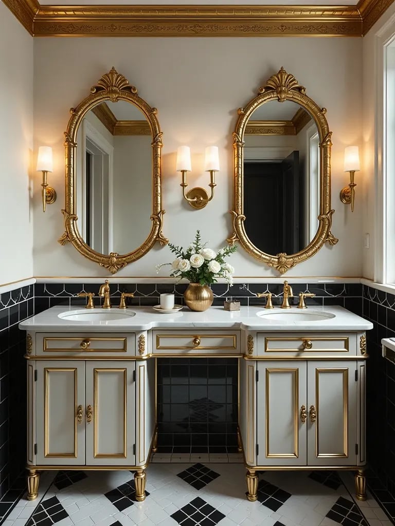 Glamorous bathroom with gold plated fixtures and ornate mirrors