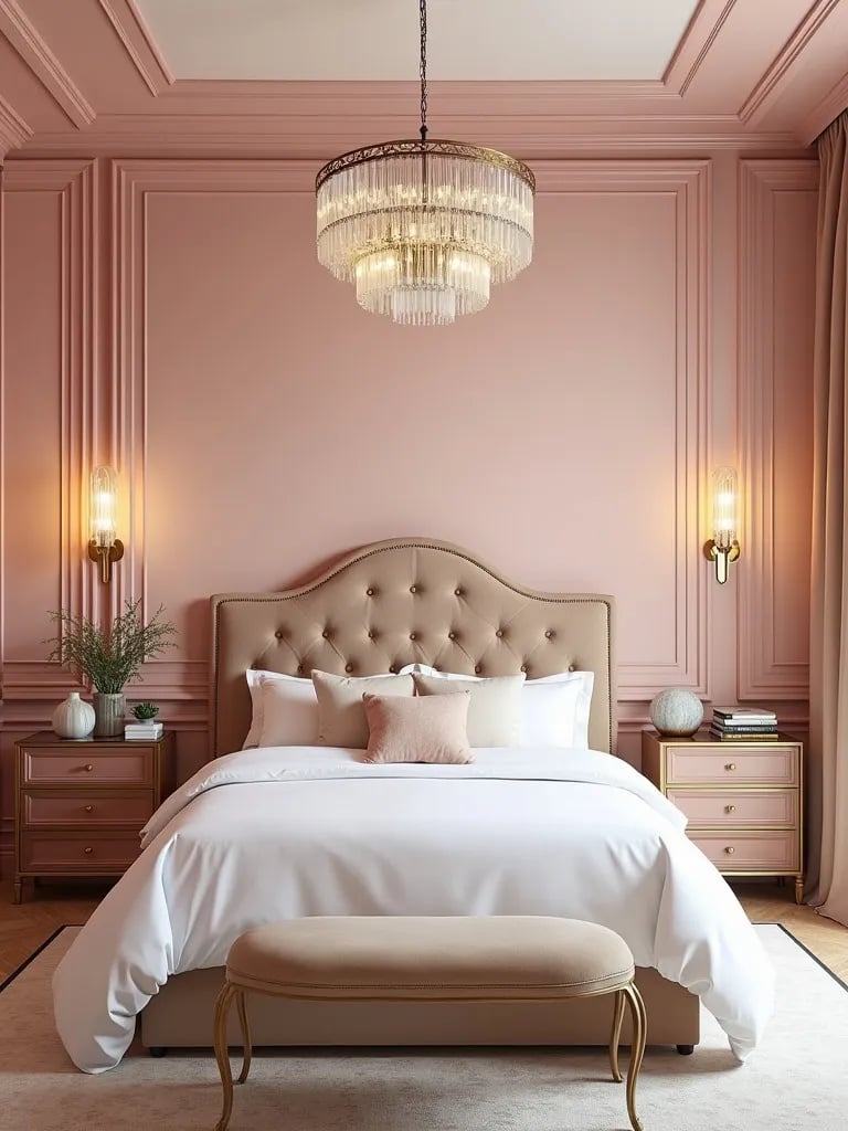 Glamorous bedroom with satin blush pink walls and gold accents