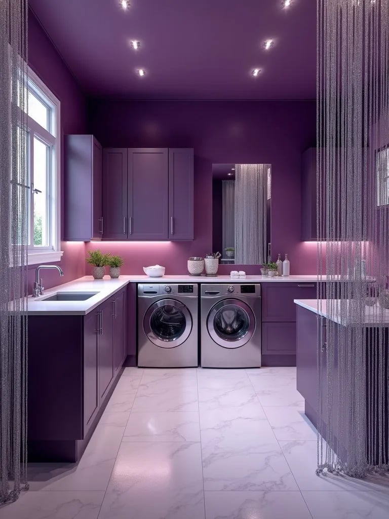 Glamorous laundry room with deep purple walls and crystal curtain