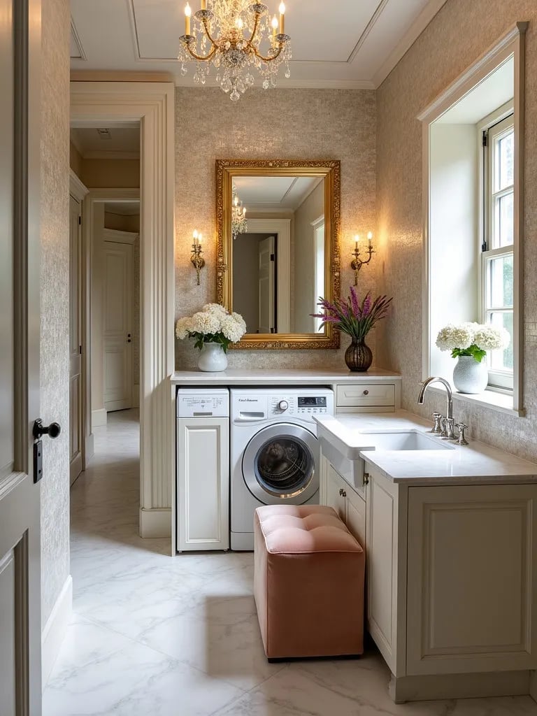Glamorous laundry space featuring mosaic walls and marble countertops