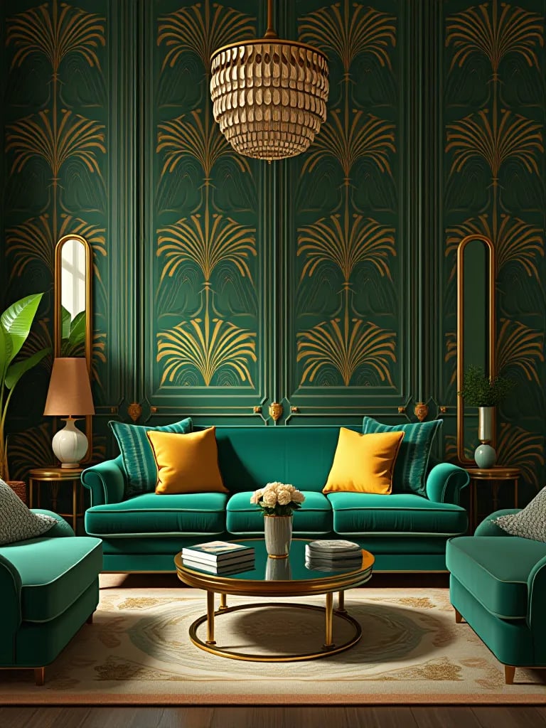 Glamorous living area with art deco wallpaper and velvet furniture