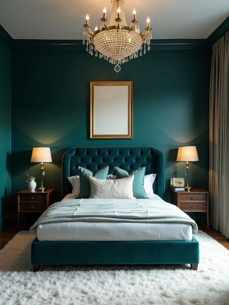 Glamorous teal bedroom with velvet headboard and crystal chandelier