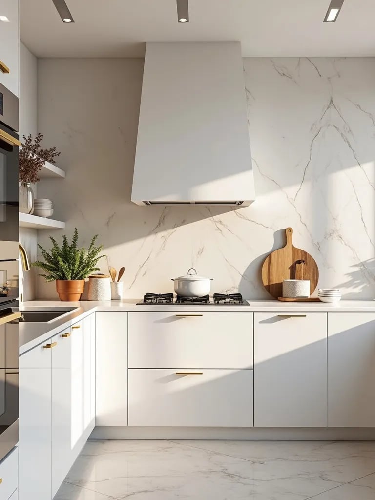 Glamorous white kitchen with high gloss cabinets and gold accents