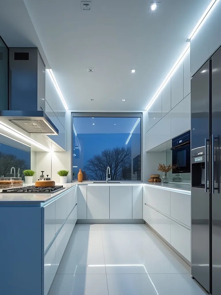 Glossy white kitchen featuring mirrored backsplash and ambient LED lighting