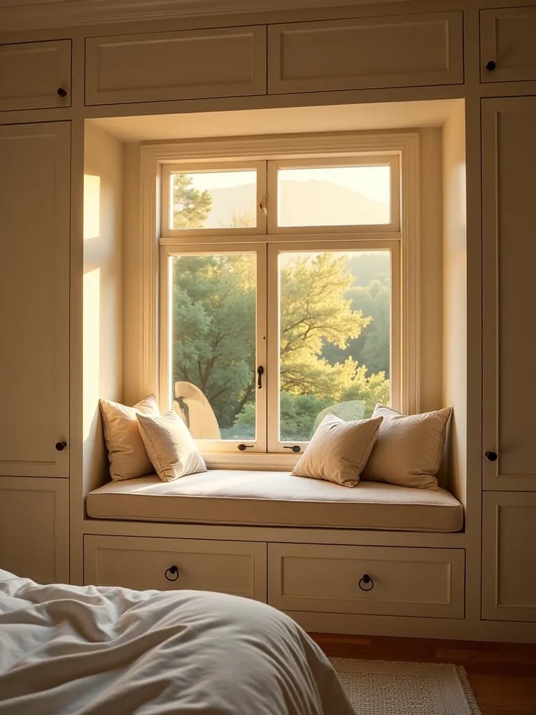 Golden hour bedroom featuring window seat with built in storage