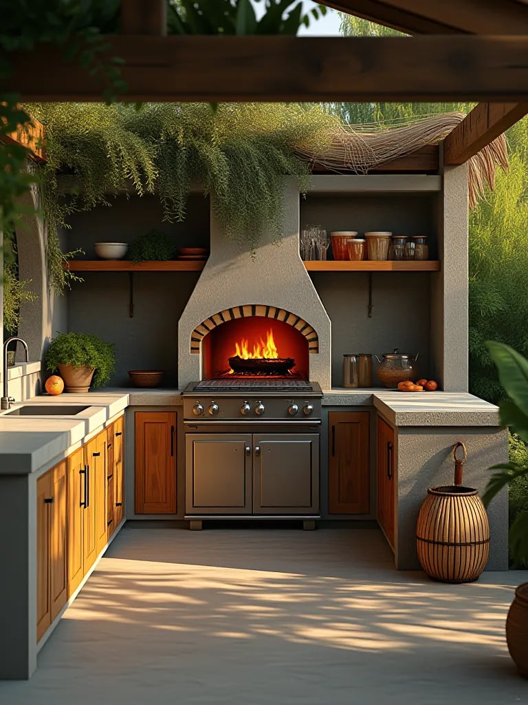 Golden hour scene of outdoor kitchen with pizza oven and natural surroundings