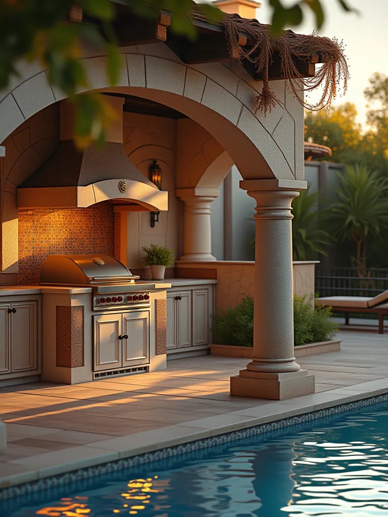 Golden hour view of elegant outdoor kitchen with pool in Mediterranean style