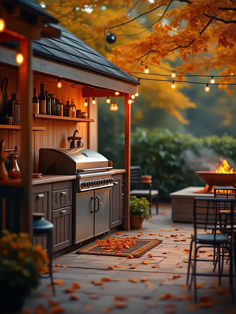 Golden hour view of fall ready outdoor kitchen with fire pit