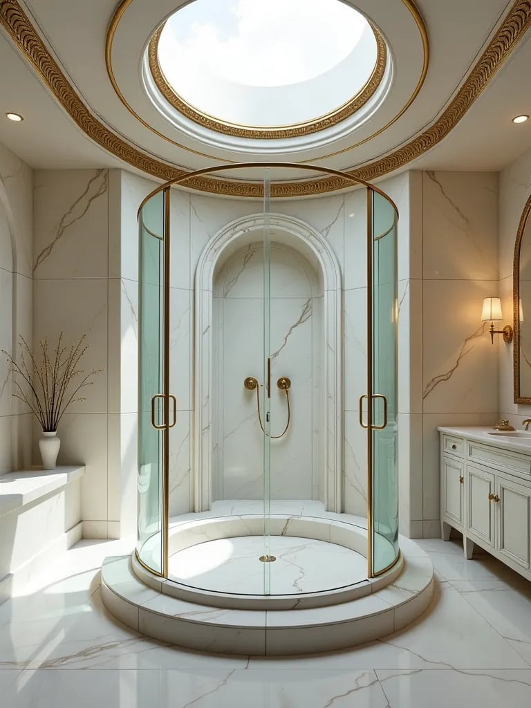 Grand bathroom with central glass shower and marble walls