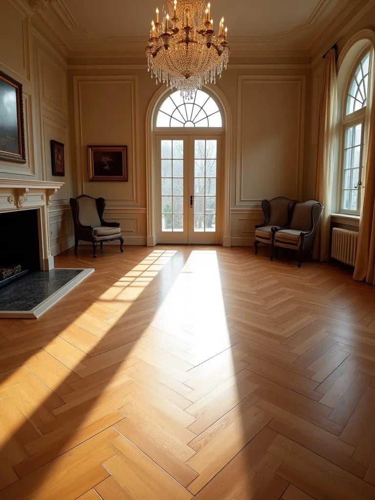 Grand dining room featuring chevron patterned maple hardwood