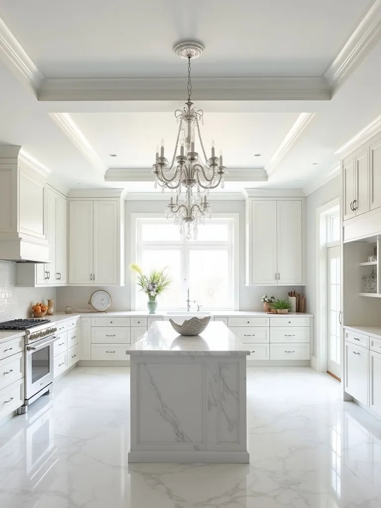 Grand white kitchen with massive marble island and chandelier