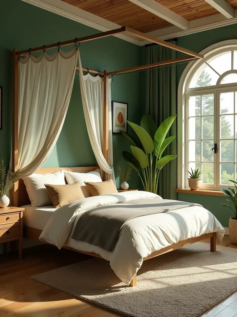 Green bedroom with wooden furniture and abundant plants
