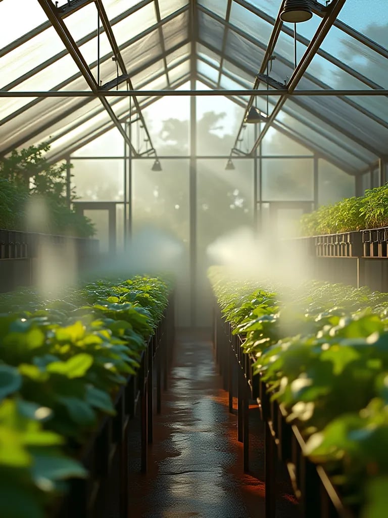 Greenhouse interior with container vegetables and misting system in action
