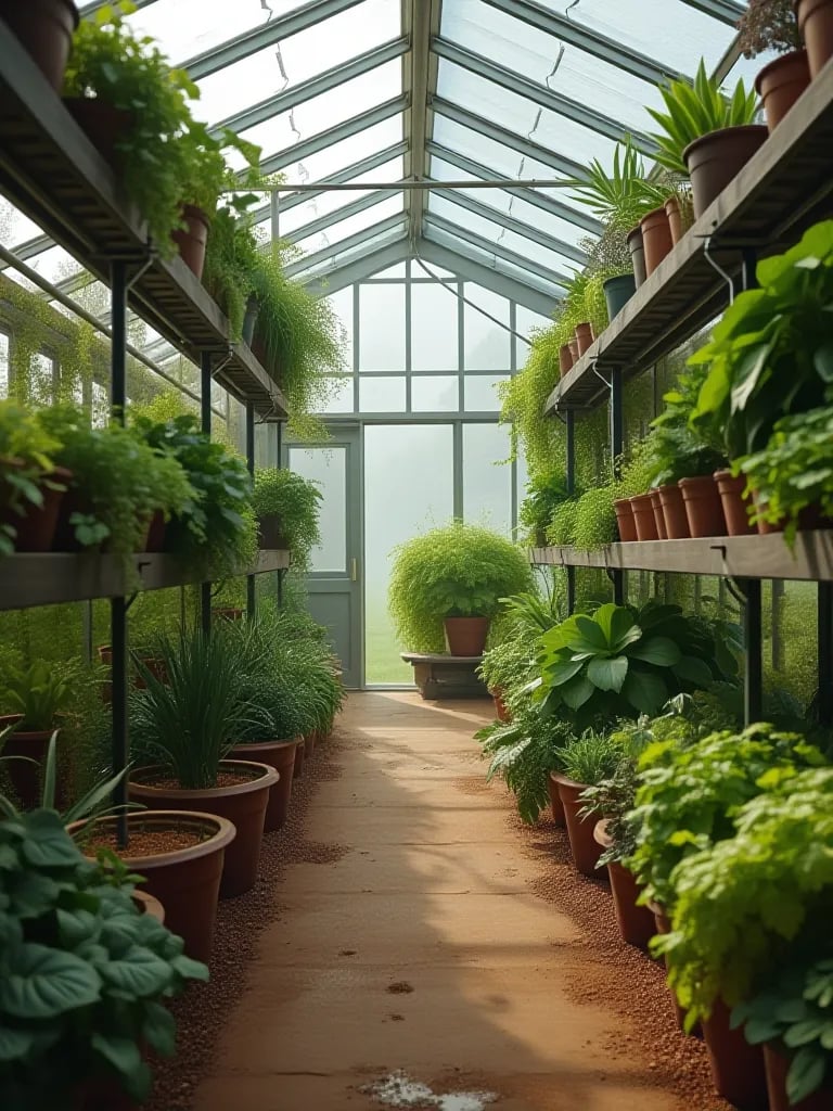 Greenhouse interior with vertical container systems and shelves full of vegetables