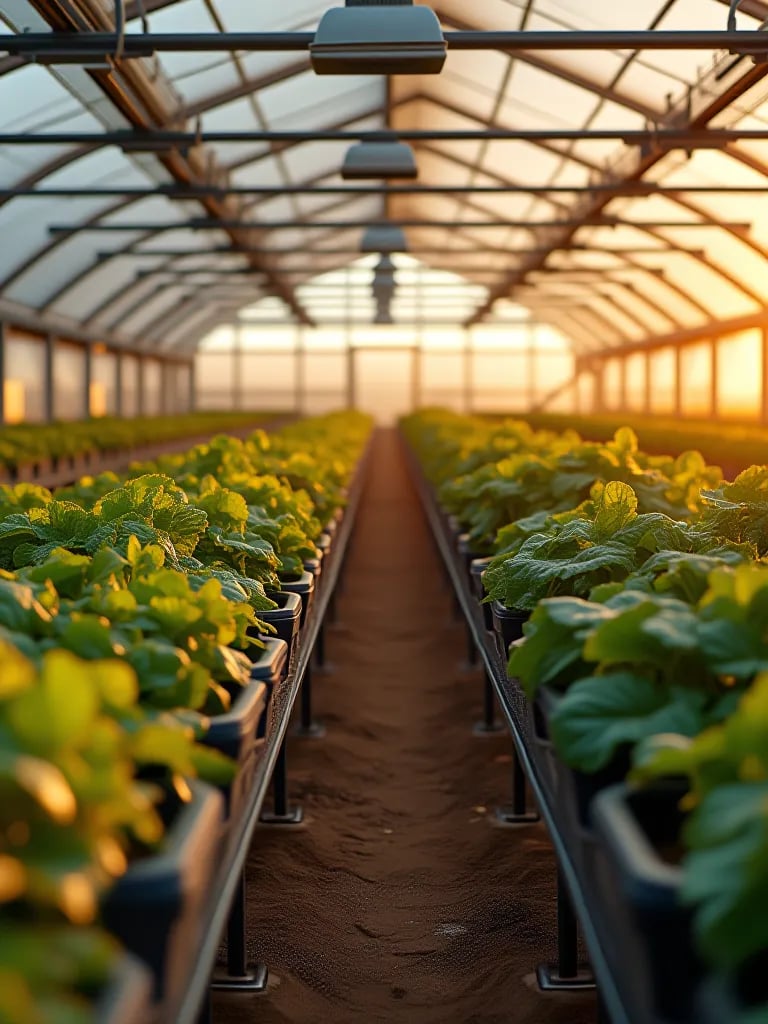 Greenhouse with rows of container vegetables in golden hour light