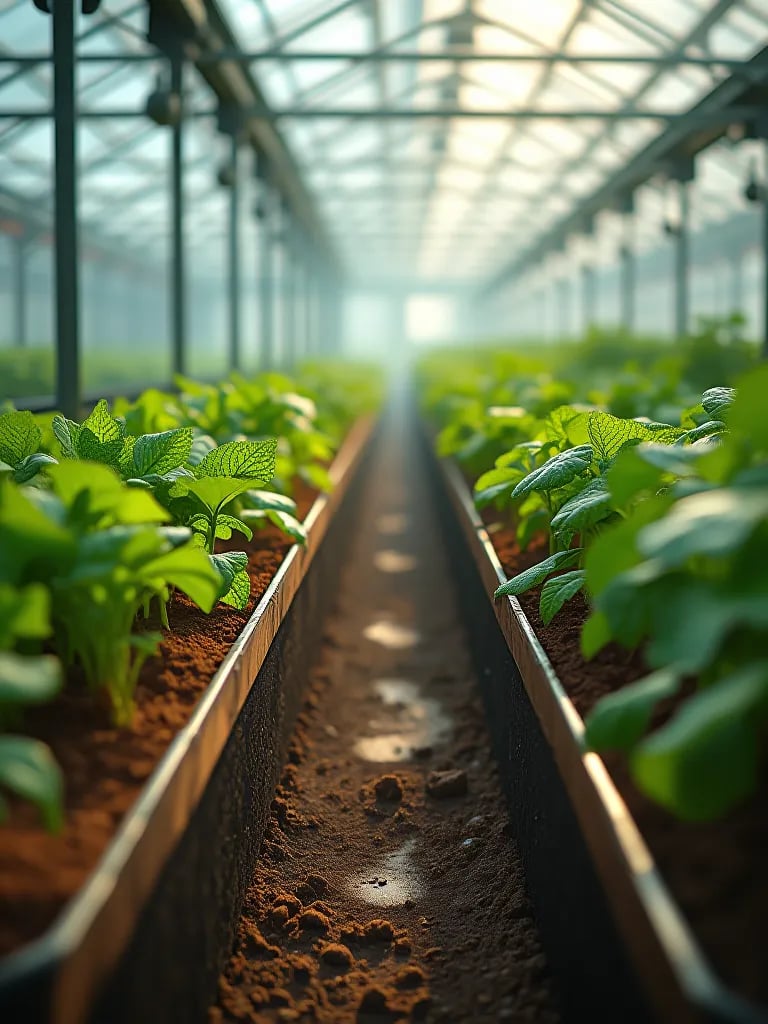 Greenhouse with vegetable containers showcasing dark, rich soil in transparent pots