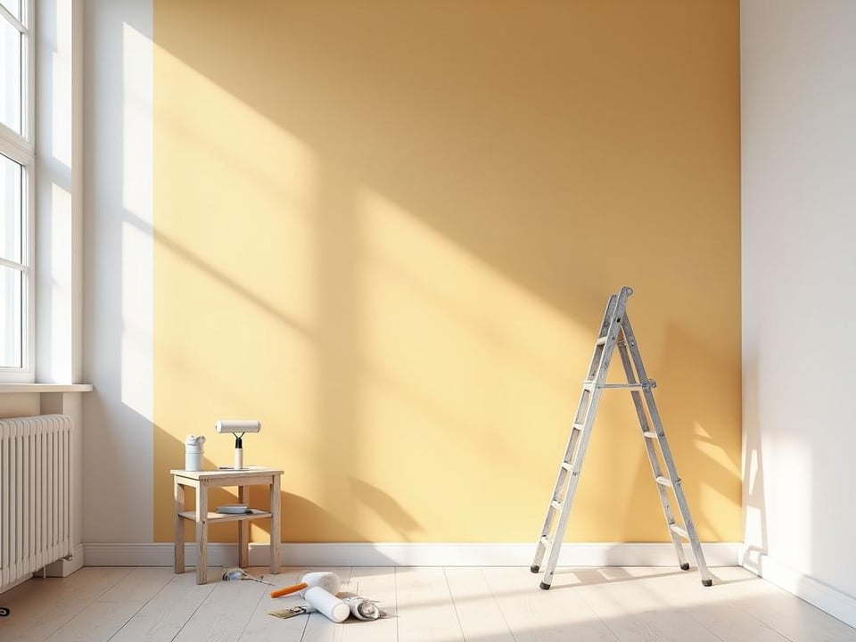Half painted bedroom with painting tools and warm natural light