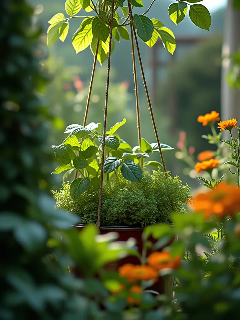 Harmonious garden design blending ornamental plants with container vegetables