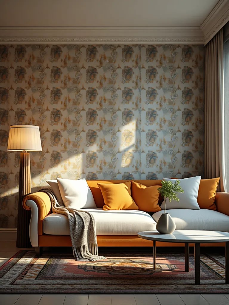 Harshly lit room featuring poorly installed geometric wallpaper with mismatched patterns