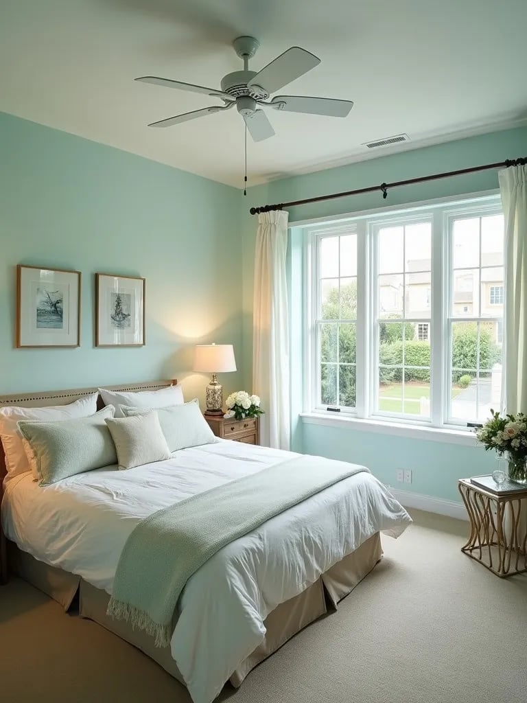 High angle view of aqua walled bedroom with mixed lighting sources