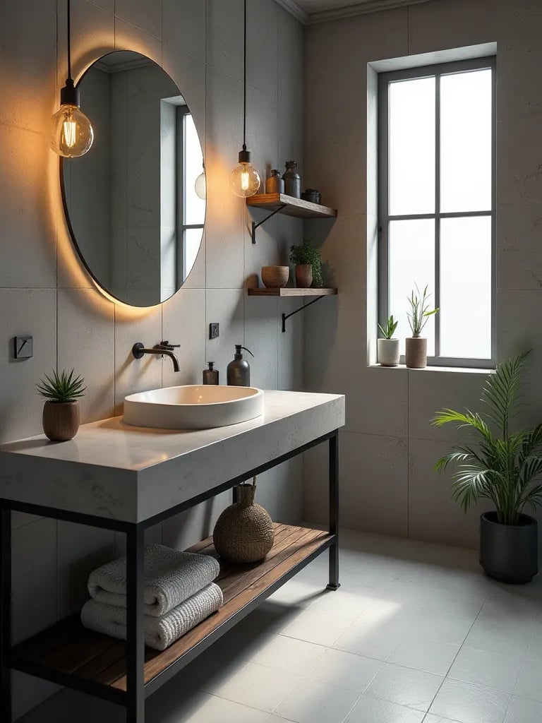 High angle view of bathroom with concrete vanity and open shelving