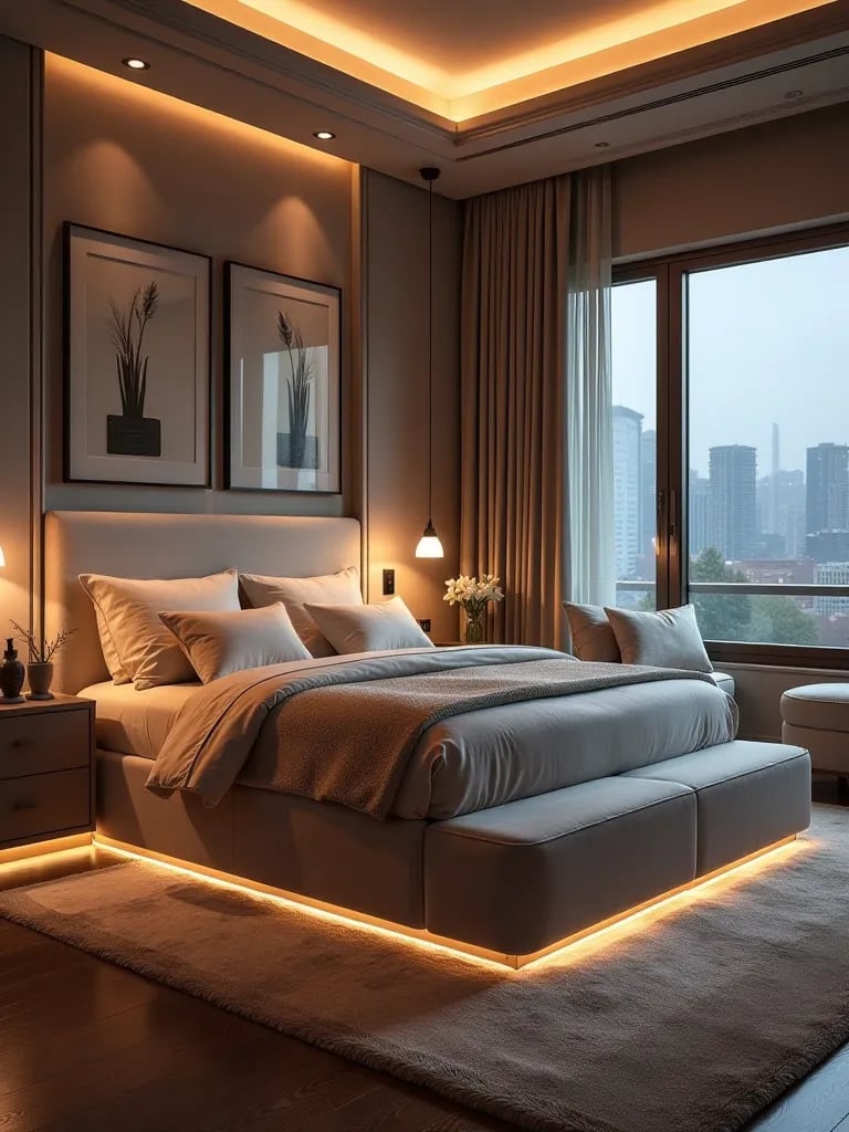 High angle view of bedroom with plush ottoman bed and hidden storage