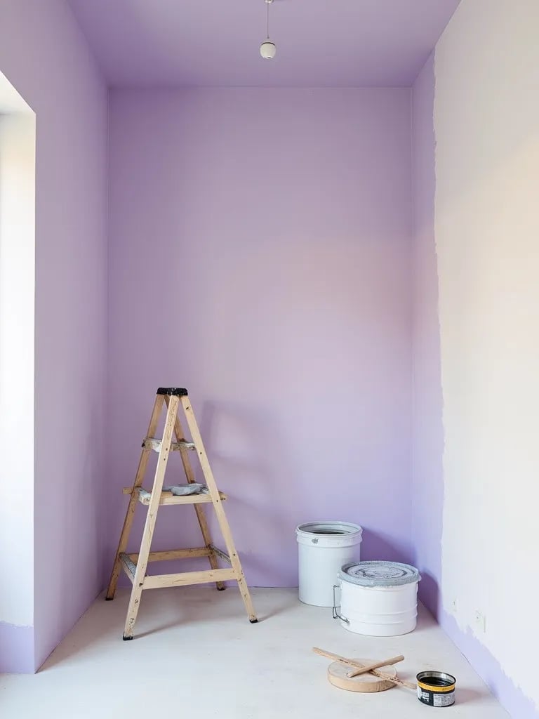 High angle view of laundry room during painting process