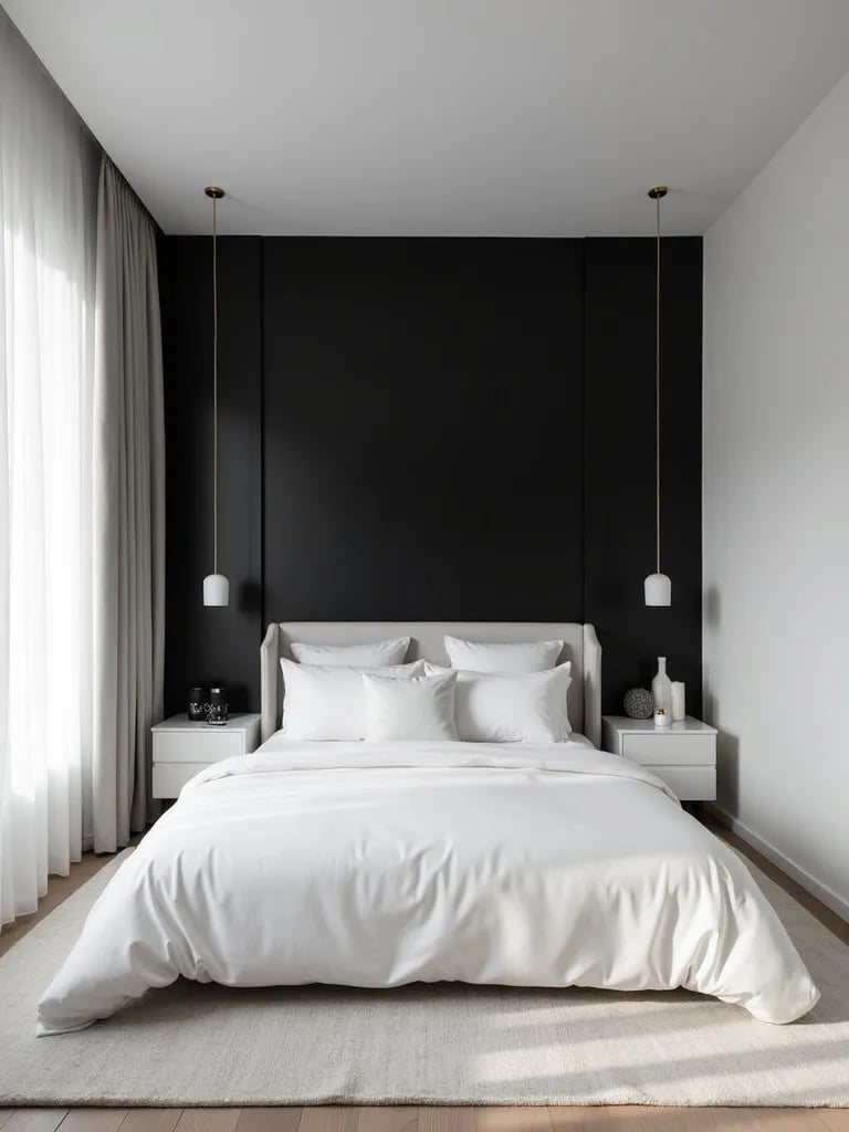 High contrast bedroom featuring white walls and black feature wall