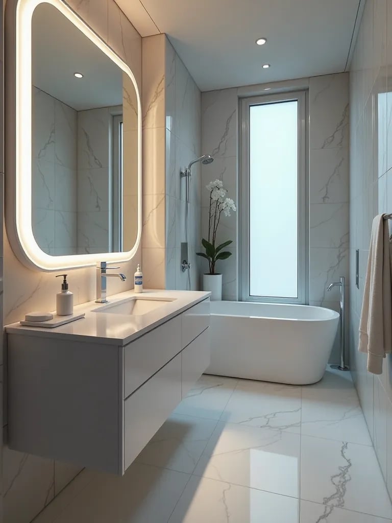 High tech bathroom featuring vanity with built in touchscreen mirror