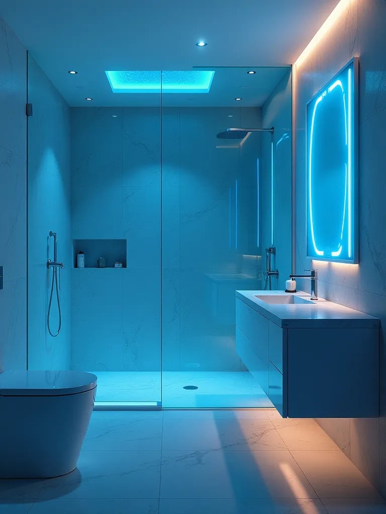 High tech bathroom with levitating vanity and smart features