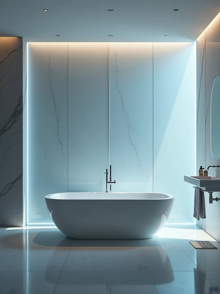 High tech luxury bathroom with smart features and dramatic lighting