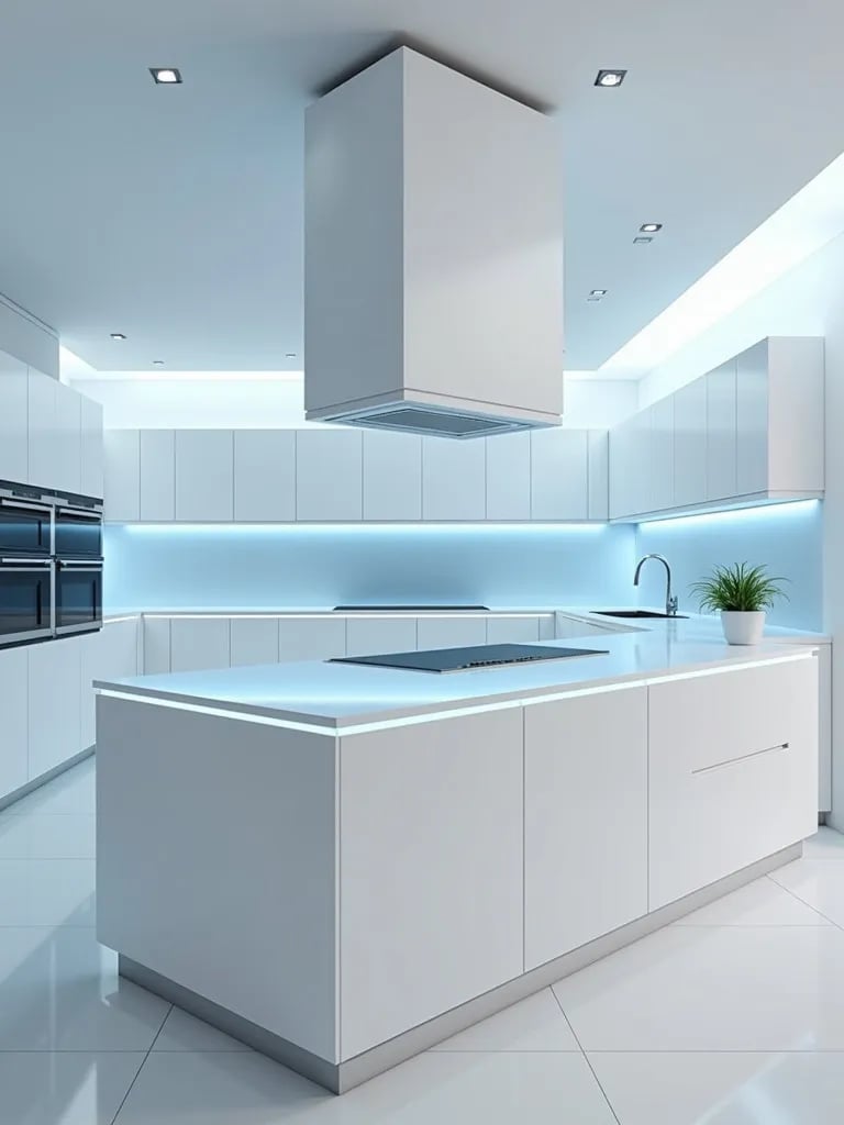High tech white kitchen with interactive surfaces and smart features