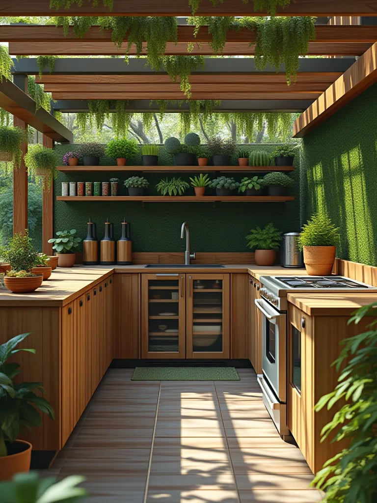 Illuminated outdoor kitchen and bar with wine fridge and fire elements