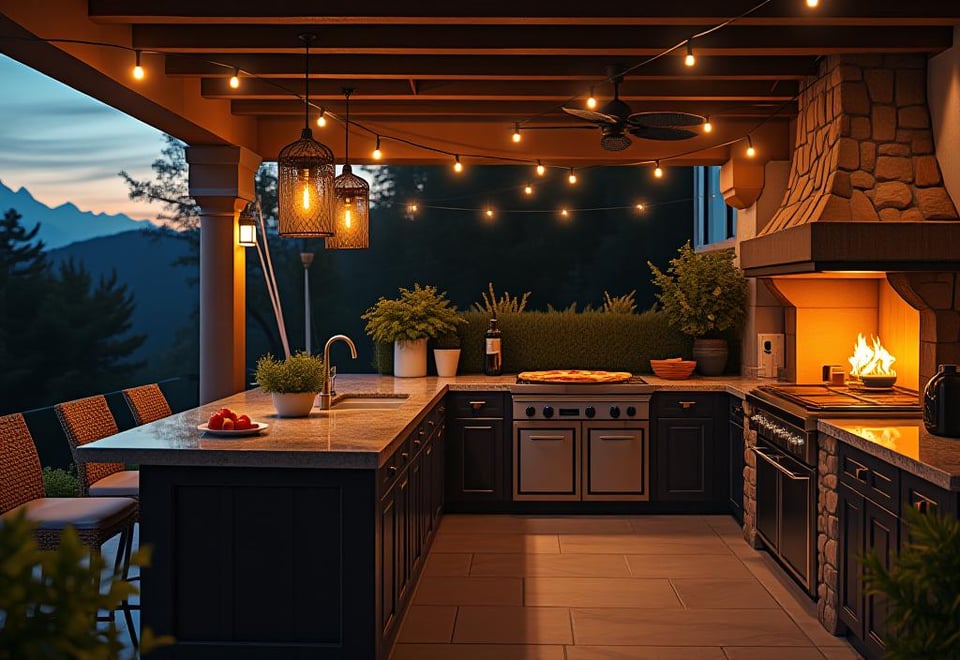 Illuminated outdoor kitchen patio with various lighting features