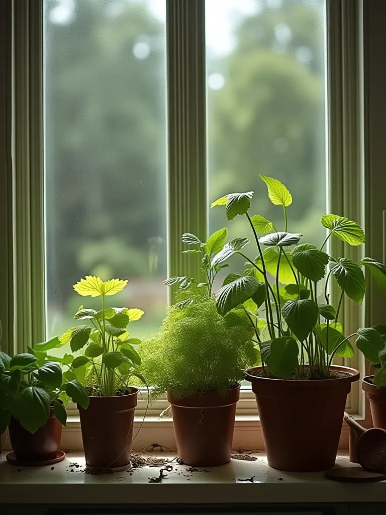 Indoor herb and vegetable garden in upcycled containers on kitchen windowsill