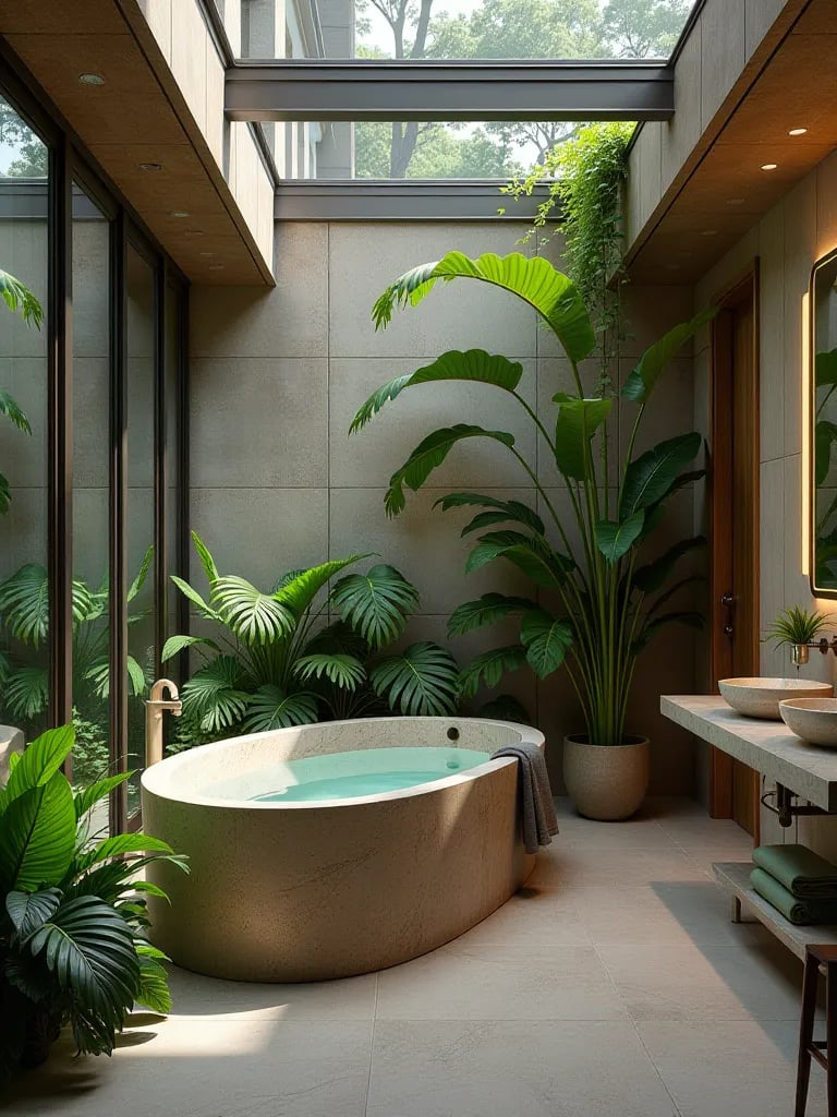 Indoor outdoor bathroom with retractable roof and natural stone tub
