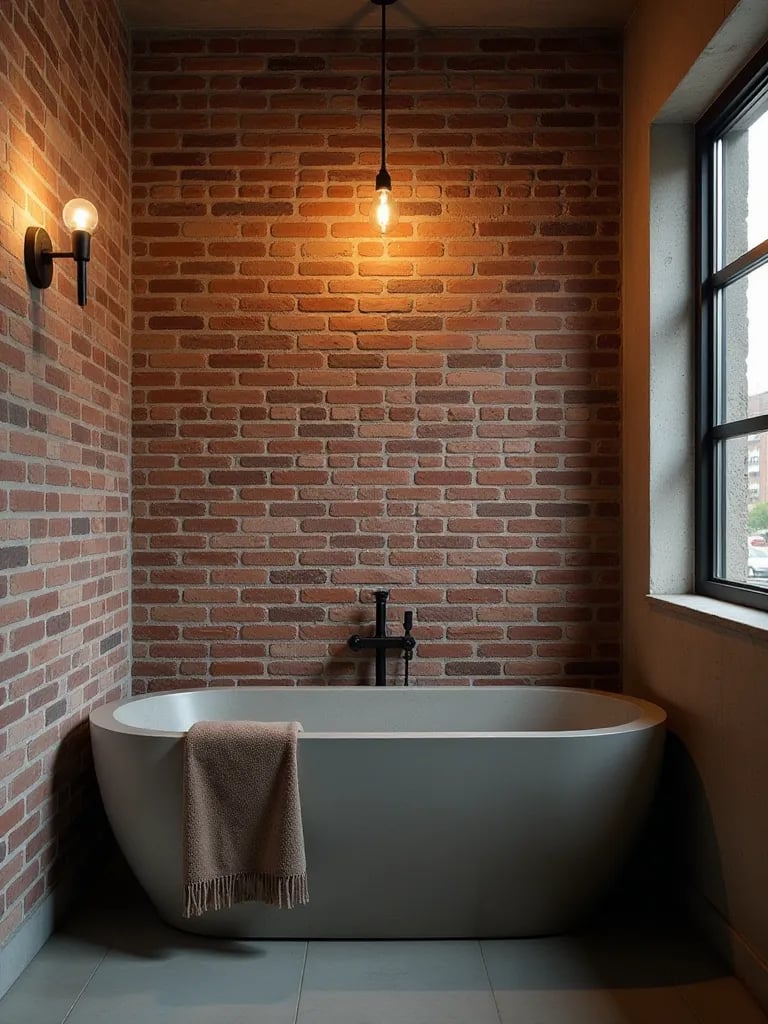 Industrial bathroom with brick walls, concrete tub, and steel framed shower