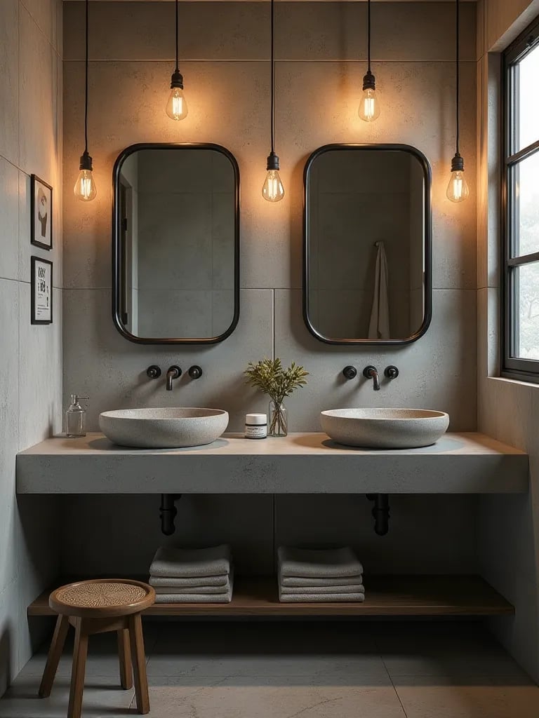 Industrial bathroom with concrete double vanity, pipe framed mirrors, and Edison bulb lights