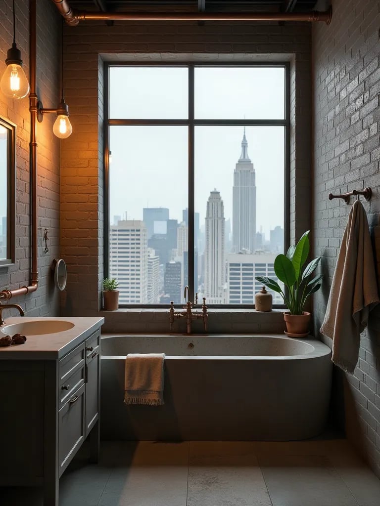 Industrial bathroom with concrete tub, copper pipes, and city view