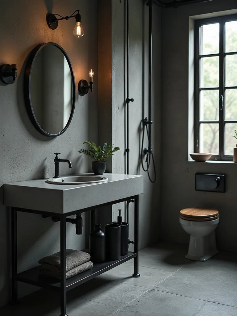Industrial bathroom with concrete vanity, black metal frame, and exposed pipes