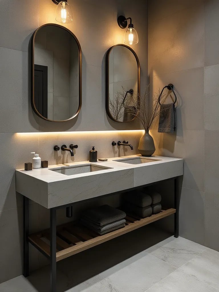 Industrial bathroom with concrete vanity top and metal frame