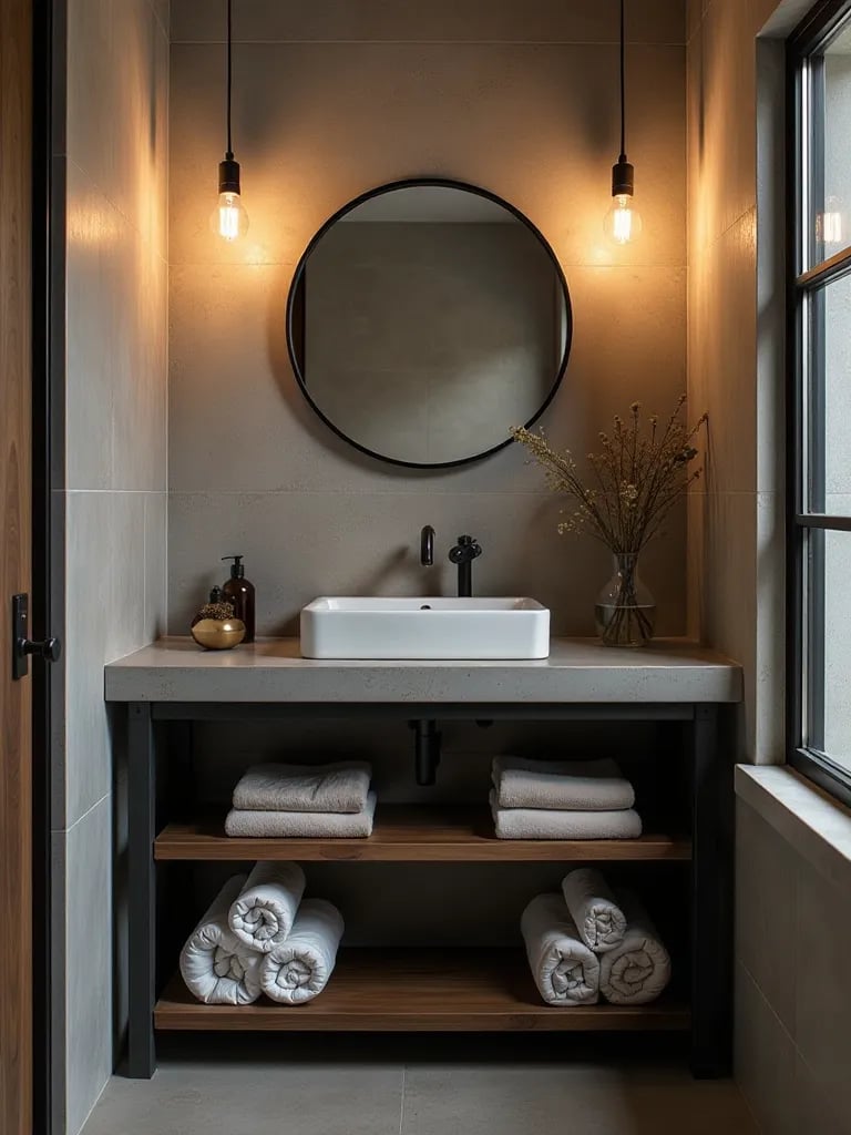 Industrial bathroom with metal and wood vanity and Edison bulb lighting