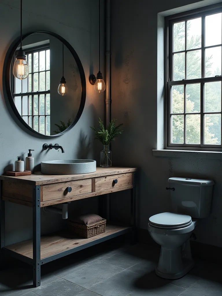 Industrial bathroom with metal and wood vanity and concrete sink