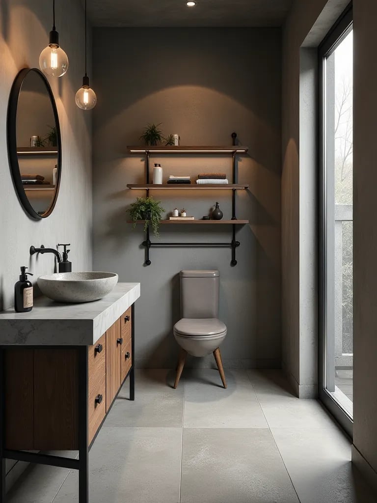 Industrial bathroom with metal and wood vanity and exposed pipe shelving