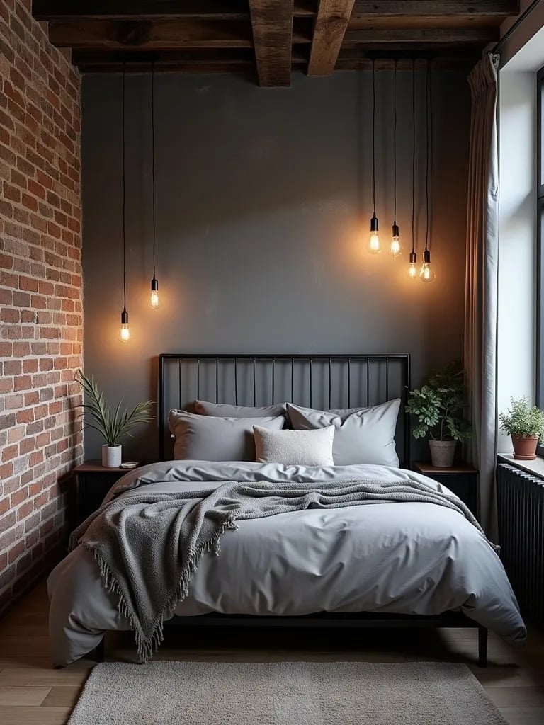 Industrial bedroom with charcoal gray painted brick walls